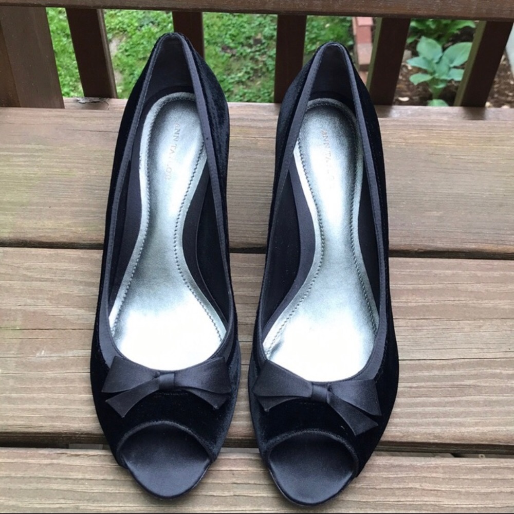 Ann Taylor Black Velvet Peep Toe Heels - Like New!